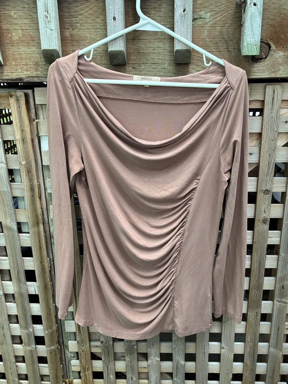 RW&CO. Ruched Draped Long-Sleeve Top in Taupe